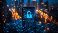 Glowing digital padlock emerging from circuit board pattern against blurred city lights background, representing cybersecurity and data protection concepts.