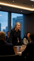 Confident mature businesswoman leading corporate boardroom meeting with diverse team in modern office with city skyline view.