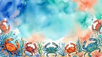 Watercolor underwater scene with colorful crabs and sea plants creating decorative border frame on textured aquatic background for marine themed designs.