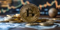 Golden cryptocurrency coin on dollar bills with trading chart background, showing digital money concept and financial technology investment.