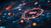 Glowing SEO digital circle with orange and blue network connections on dark background, modern technology concept for digital marketing and optimization.
