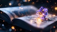 Glowing purple crystal rests on open book pages with magical sparkles and bokeh lights creating mystical atmosphere for fantasy and spiritual concepts.
