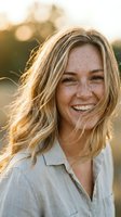 Happy young blonde woman with freckles smiling outdoors in golden hour sunlight wearing casual white shirt for lifestyle and wellness content.