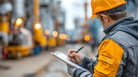 Industrial worker in safety helmet writing on clipboard at construction site with blurred machinery background for workplace documentation and project management.
