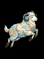 Ornate leaping ram with swirling floral and wave patterns, isolated on transparent background, ready for stickers, t-shirt design, and print on demand use.