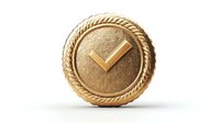 Golden round badge with checkmark symbol on textured metallic surface featuring decorative rope border design, isolated on white background for branding projects.