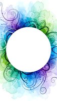 Watercolor floral frame with swirls in blue green purple tones, white circle space for text, decorative border design for invitations and cards.