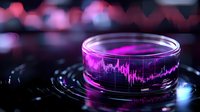 Glowing pink sound wave pattern in glass ring against dark background with bokeh lights, modern audio visualization concept for music and technology.