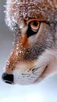 Close-up portrait of red fox face covered in fresh snow with striking orange eye and detailed fur texture in winter wildlife photography.