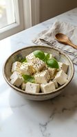 Fresh feta cheese cubes with basil leaves and black pepper in ceramic bowl on marble counter near window for healthy Mediterranean cooking.