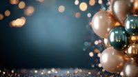 Festive arrangement of metallic teal and gold balloons with glowing bokeh lights on dark background, creating elegant party or celebration atmosphere.