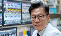 Asian male medical professional wearing glasses and white coat smiling confidently in modern healthcare facility with medical supplies and monitoring equipment in background.