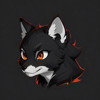 Black wolf head with red glowing accents and orange eyes on dark background, stylized anime-inspired character design for gaming or mascot purposes.