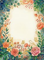 Watercolor floral frame with roses, tropical leaves, berries, and a bird, featuring gold swirls and a blank center for text or design.