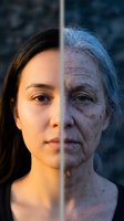 Split face showing young and elderly woman aging process transformation concept for skincare anti-aging medical research and time passage visualization.