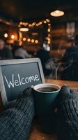 Hands in cozy knit gloves holding steaming coffee cup beside a chalkboard welcome sign in a warm, bokeh-lit cafe interior.