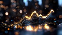 Glowing financial chart line with golden light effect on dark background with bokeh lights, showing market growth and business success trend analysis.