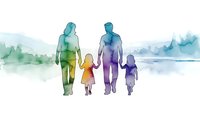 Watercolor family silhouettes walking together on white background, parents with two children in colorful gradient hues for greeting cards and family concepts.