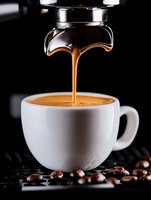 Fresh espresso pouring from coffee machine into white ceramic cup, creating golden crema stream against dark background with scattered coffee beans.