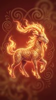 Mystical fire horse with ornate swirls glowing in warm golden flames against deep red background for fantasy and spiritual design projects.