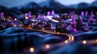 Miniature winter village with glowing lights nestled in snowy hills at twilight. Cozy houses and pine trees create magical holiday atmosphere for seasonal designs.