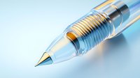 Closeup of modern mechanical pencil tip with metallic gold and silver details against soft blue background, showcasing precision engineering and technical design.