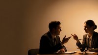 Business meeting with professional man and woman discussing strategy in warm office lighting for corporate presentations and teamwork concepts.