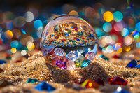 Crystal ball on golden sand with colorful gems and bokeh lights creating magical atmosphere. Artistic macro photography with vibrant reflections and dreamy blur.