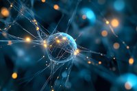 Glowing neuron cell with synaptic connections on dark blue background, concept of neural network and brain activity in medical science.