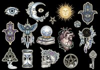 Mystical occult symbols collection isolated on transparent background, featuring celestial moon, sun, hamsa hand, winged scarab, crystal ball, anatomical heart, dreamcatcher, tarot elements, skull, pentagram and ornate keys for tattoo design, spiritual artwork and esoteric crafts.