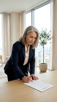 Professional mature businesswoman signing contract documents at modern office desk with city view and natural lighting for corporate meetings.