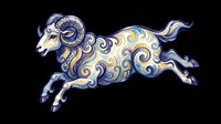Leaping ram with ornate swirl patterns in blue and gold tones, isolated on transparent background, ready for stickers, t-shirt design, and print on demand use.