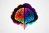 Colorful brain illustration split into vibrant left and right hemispheres with dripping paint effect on white background, showing creative and analytical thinking concept.