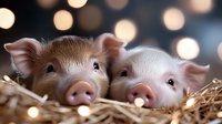 Two adorable piglets resting in hay with soft bokeh lights in background, close up portrait showing sweet expressions and pink snouts, farm animal photography.