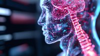 Glowing digital wireframe profile showing neural network connections and spine structure in pink and blue neon colors against dark background. Medical visualization concept.