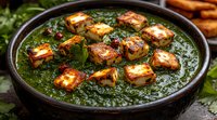 Grilled halloumi cheese cubes in green herb sauce with spinach and parsley. Traditional Mediterranean appetizer served in dark ceramic bowl. Fresh cooking.