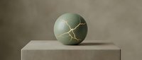 Cracked green sphere with gold veins on concrete pedestal, modern minimalist still life composition for contemporary interior design and artistic projects.