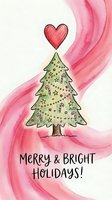 Festive evergreen tree topped with red heart and candy cane ornaments against pink watercolor swirls. Merry and bright holidays greeting card design for seasonal celebrations and festive occasions.