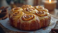 Freshly baked cinnamon rolls with sweet glaze icing arranged in round pan on parchment paper, warm golden brown swirls and gooey filling in moody lighting.