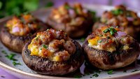 Stuffed portobello mushrooms filled with crispy bacon, melted cheese and fresh herbs on white plate. Appetizer recipe for dinner party or restaurant menu.