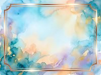 Watercolor abstract background with soft blue, gold, and purple washes flowing across canvas, framed by elegant copper corner accents. Suitable for invitations, presentations, and design projects.