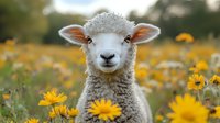 Young white lamb in blooming yellow wildflower meadow looking at camera with curious expression. Spring farm scene with baby sheep among daisies.