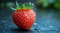 Fresh ripe strawberry with water drops on dark background, macro shot showing detailed texture and natural organic produce for healthy eating.