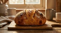 Freshly baked artisan sourdough bread loaf on wooden cutting board in warm rustic kitchen setting with natural sunlight streaming through window.