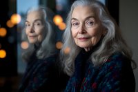 Elegant senior woman with long silver hair and gentle smile reflected in mirror, wearing dark blue sweater against soft bokeh lights background.