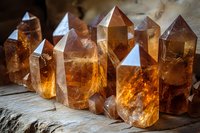 Glowing amber citrine crystal points arranged in row on rustic wooden surface, natural mineral specimens with translucent golden brown color and hexagonal shapes.