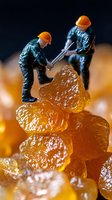 Miniature construction workers in hard hats drilling on large brown sugar crystals against dark background, creative food photography concept for healthy eating.
