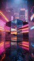 Futuristic glass cube reflecting sunset sky in cyberpunk neon city street with pink purple light trails and wet pavement for sci-fi technology concepts.