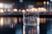 Crystal clear glass of whiskey with hexagonal ice cubes on dark table against blurred bokeh lights background, elegant drink presentation for bars and restaurants.