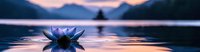 Serene lotus flower floating on calm lake water at sunset with mountain silhouette in background, creating peaceful meditation atmosphere.